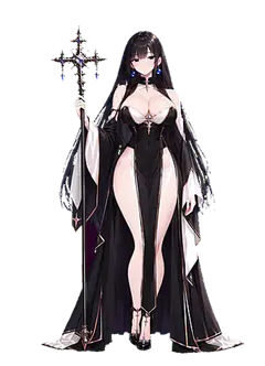 Beatrice's in-game character sprite, holding a tall cross-topped staff.