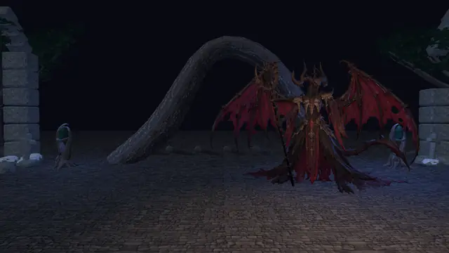 In-engine render of the Silent Preceptor, a winged demon, inside a ruined sanctum.