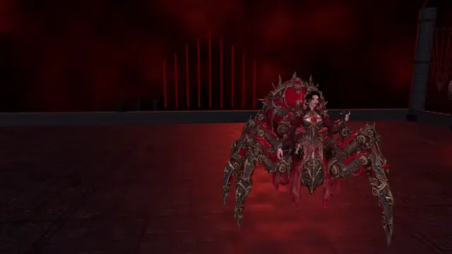 In-engine render of the spider-bodied Arachne in a blood-red hall.