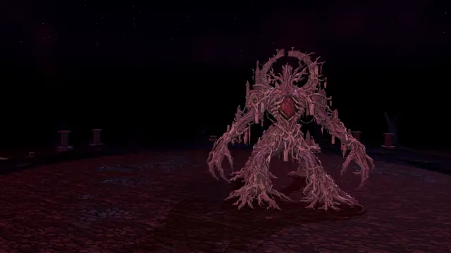 In-engine render of a towering creature of red roots in a dark throne room.