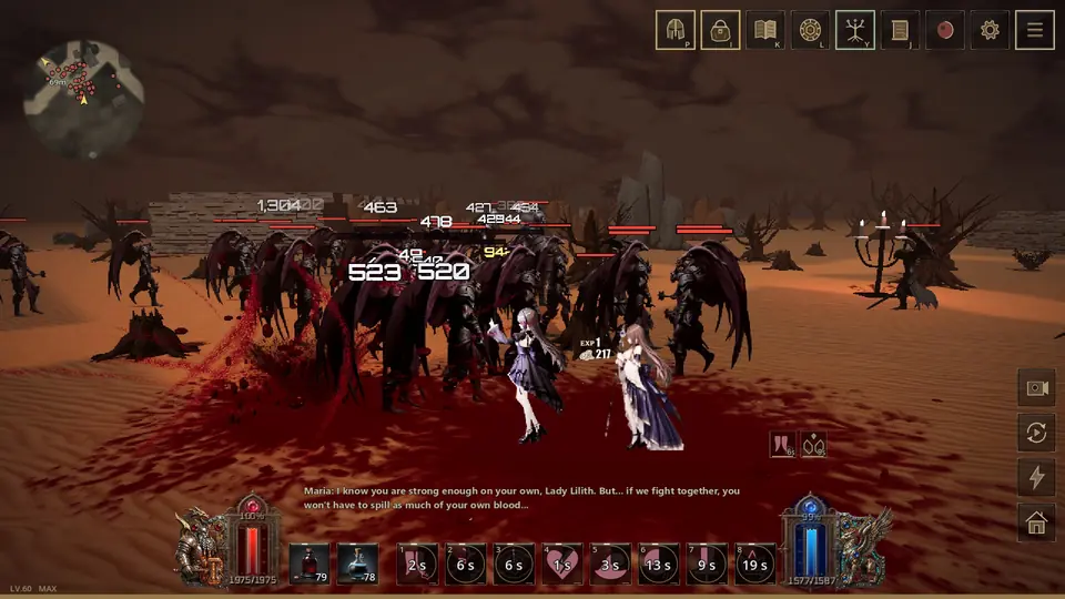 Gameplay screenshot: Lilith holding off a horde of winged ghouls on blood-soaked ground.
